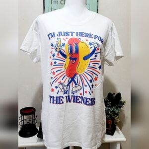 Woman's Funny White Graphic 4th Of July T-Shirt 'I'm Just Here for The Wieners'